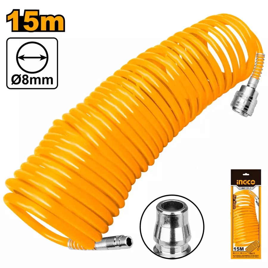 Ingco Air Hose, Nitto Type Connector 5 mm x 8 mm Diameter and 15 m Length, Yellow, AH1151-3