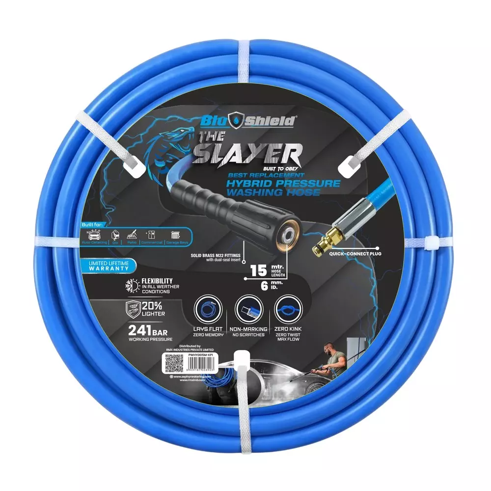 Blushield Pressure Washer Hoses Blue M22 + Quick Connect 6 mm (1.4 inch) Dia and 15 m Length, PWHY0615M-KP1