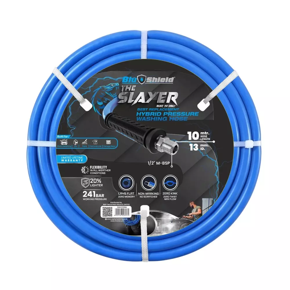 Blushield Pressure Washer Hoses Blue Male BSP 13 mm (1/2 inch) Dia and 10 m Length, PWHY1310M