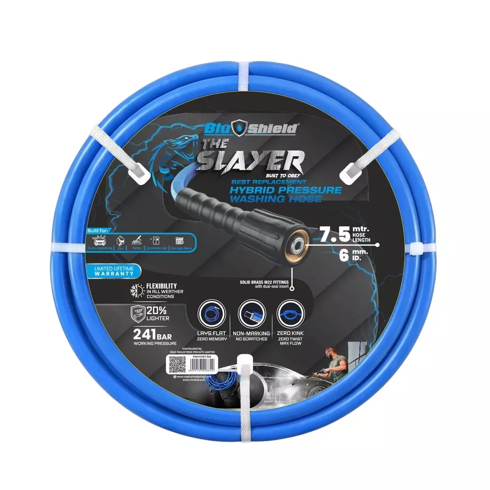 Blushield Pressure Washer Hoses Blue M22 Connector 6 mm (1.4 inch) Dia and 7.5 m Length, PWHY067.5M