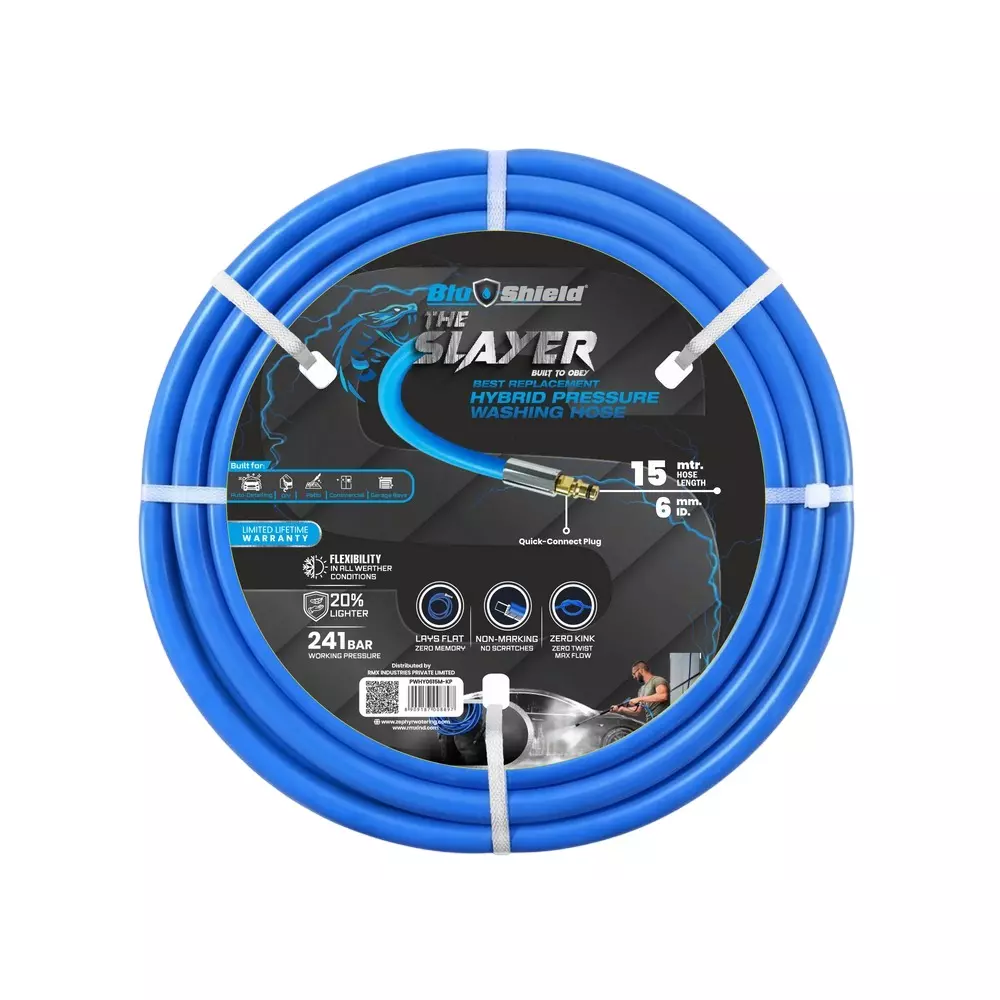 Blushield Pressure Washer Hoses Blue Quick Connect 6 mm (1.4 inch) Dia and 15 m Length, PWHY0615M-KP