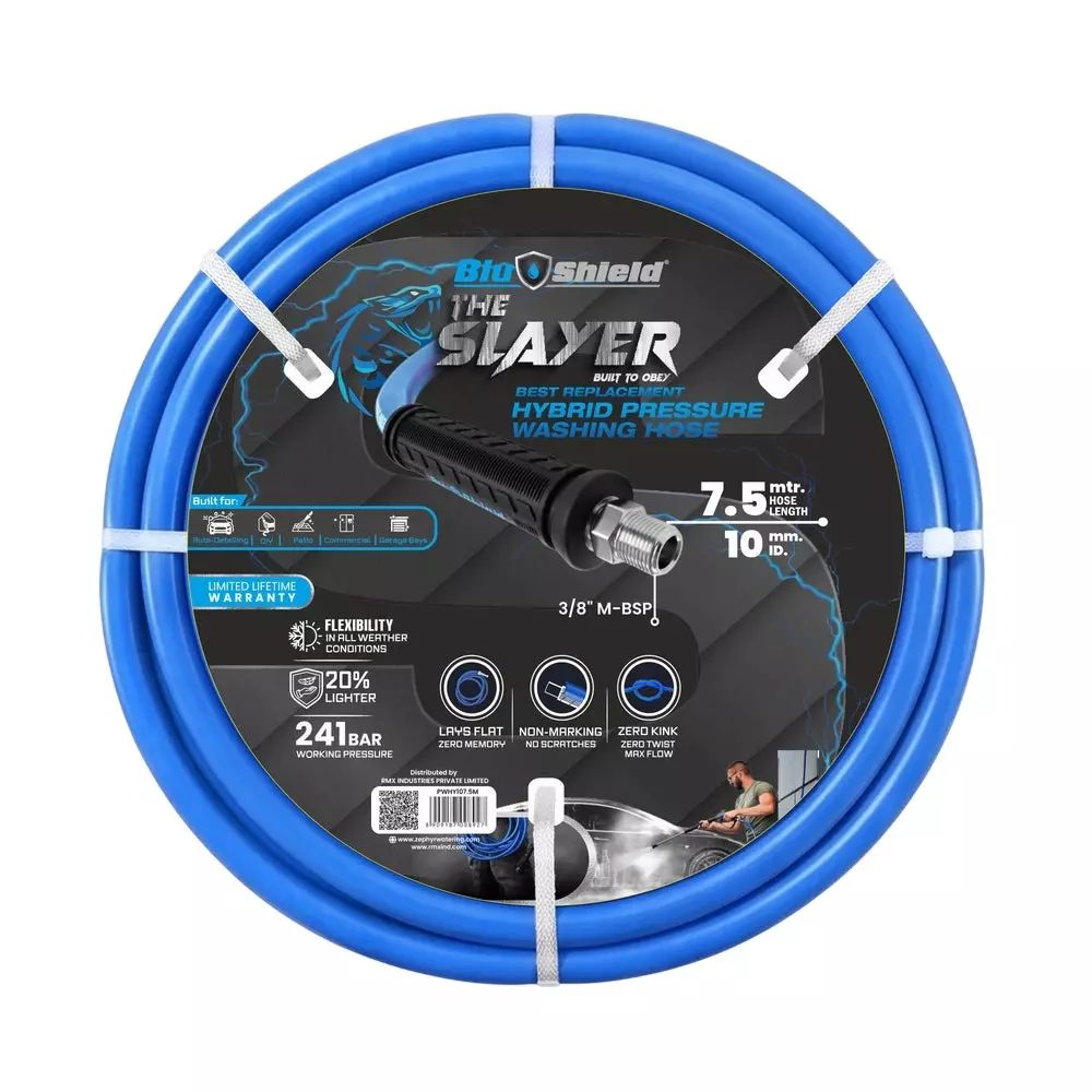 Blushield Pressure Washer Hoses Blue Male BSP 10 mm (3/8 inch) Dia and 7.5 m Length, PWHY107.5M