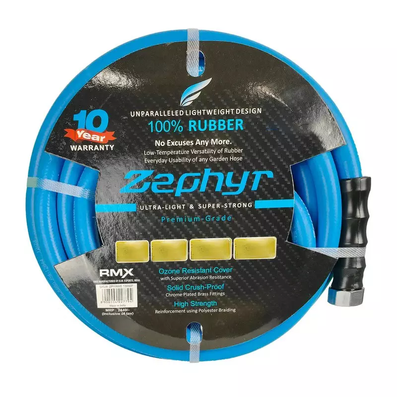 Zephyr Hot-n-Cold Water Hose For Garden With Fittings 15 m Length 16 mm Inner Dia 100% Rubber with Polyester Reinforcement 10 bar Working Pressure, ZW1615