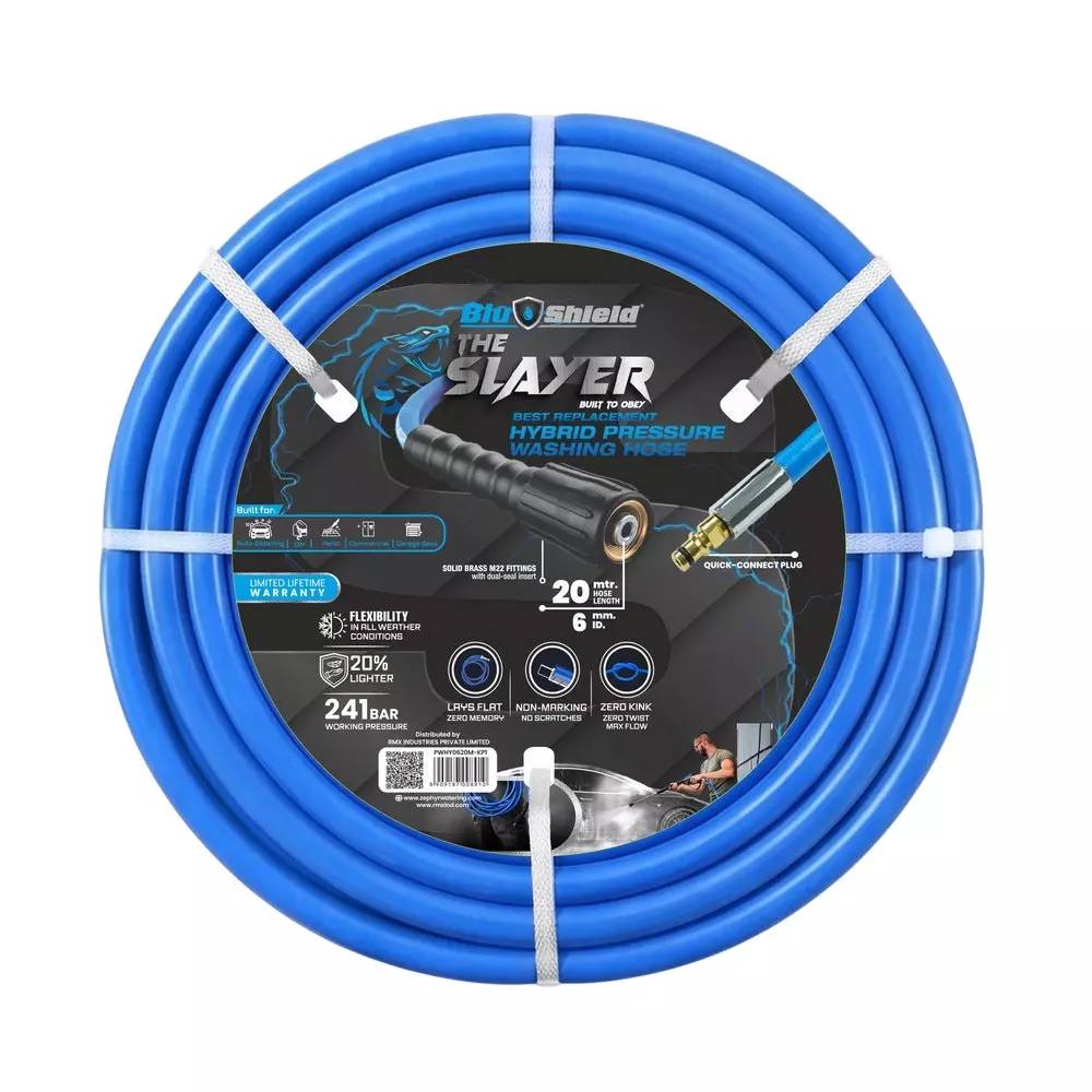 Blushield Pressure Washer Hoses Blue M22 + Quick Connect 6 mm (1.4 inch) Dia and 20 m Length, PWHY0620M-KP1