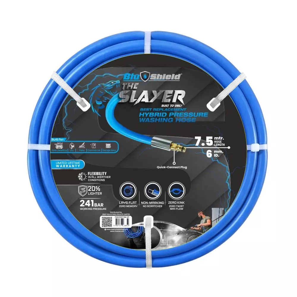 Blushield Pressure Washer Hoses Blue Quick Connect 6 mm (1.4 inch) Dia and 7.5 m Length, PWHY067.5M-KP