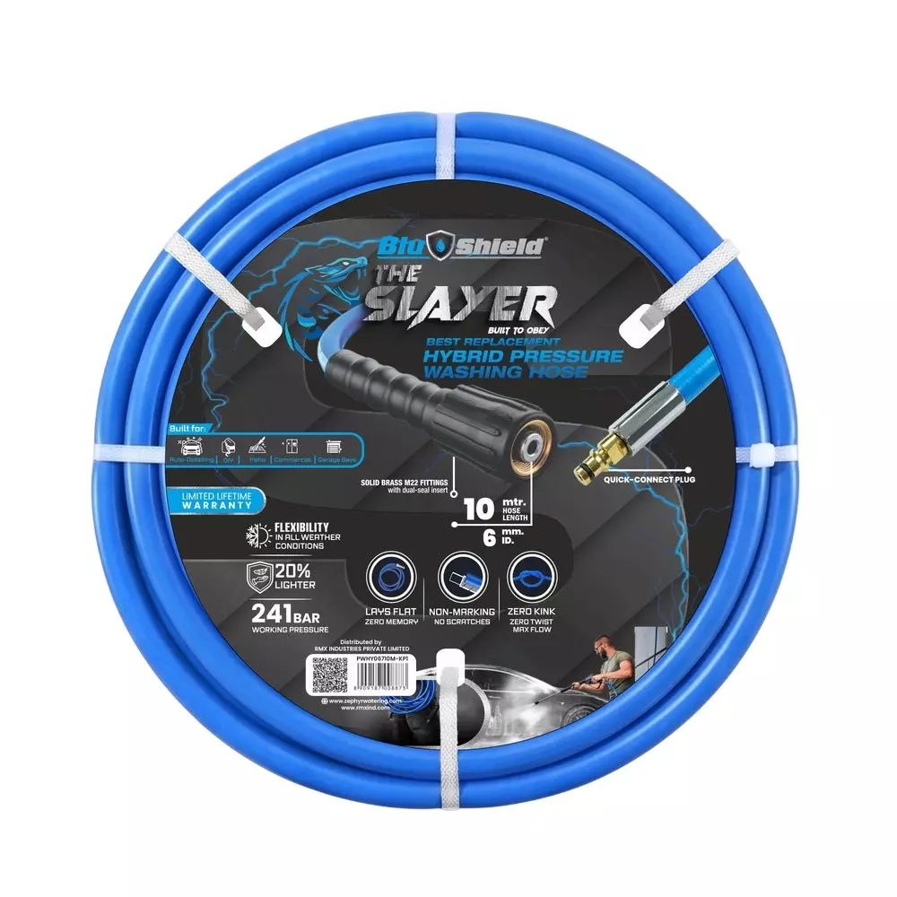 Blushield Pressure Washer Hoses Blue M22 + Quick Connect 6 mm (1.4 inch) Dia and 10 m Length, PWHY0610M-KP1