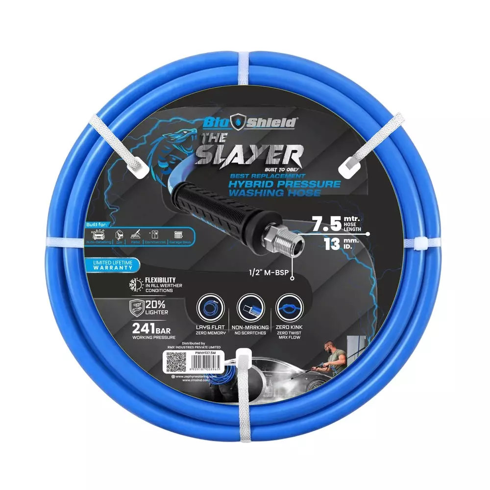 Blushield Pressure Washer Hoses Blue Male BSP 13 mm (1/2 inch) Dia and 7.5 m Length, PWHY137.5M