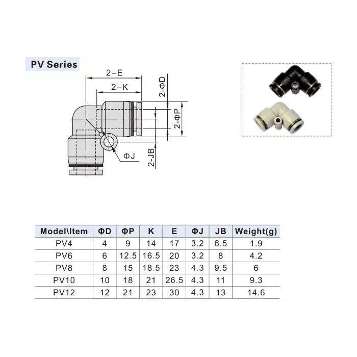 Airtac PV Series Union Elbow For 6 mm, PV 6 D