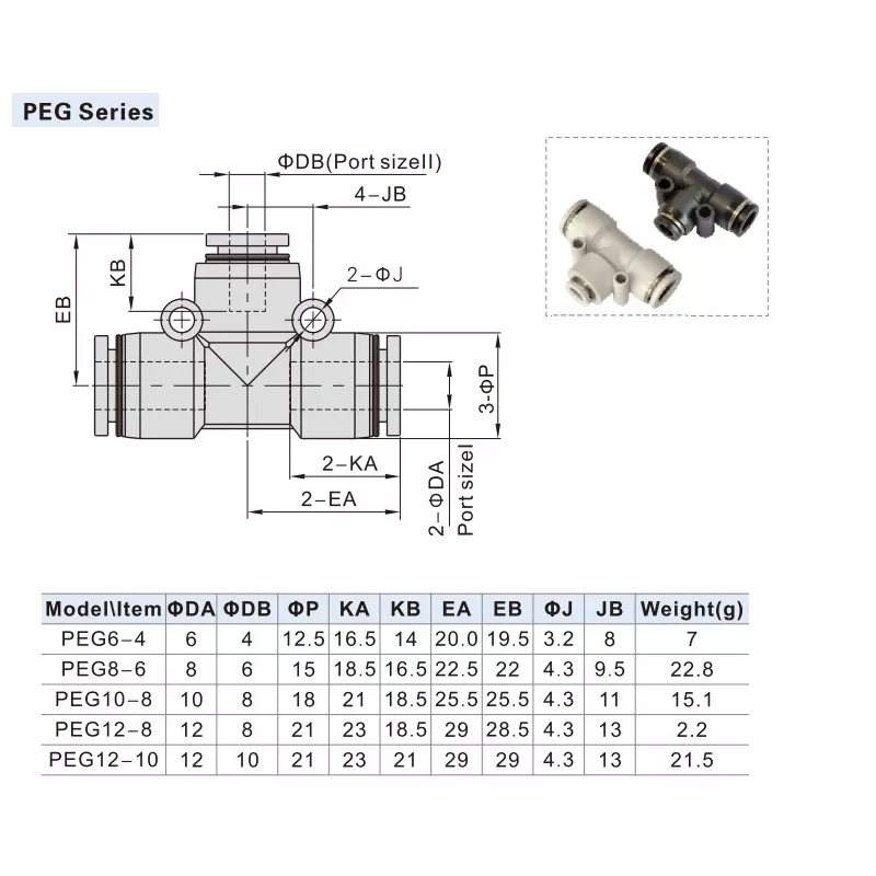 Airtac PEG Series Different Tee 10x10x8 mm, PEG 10-8 D
