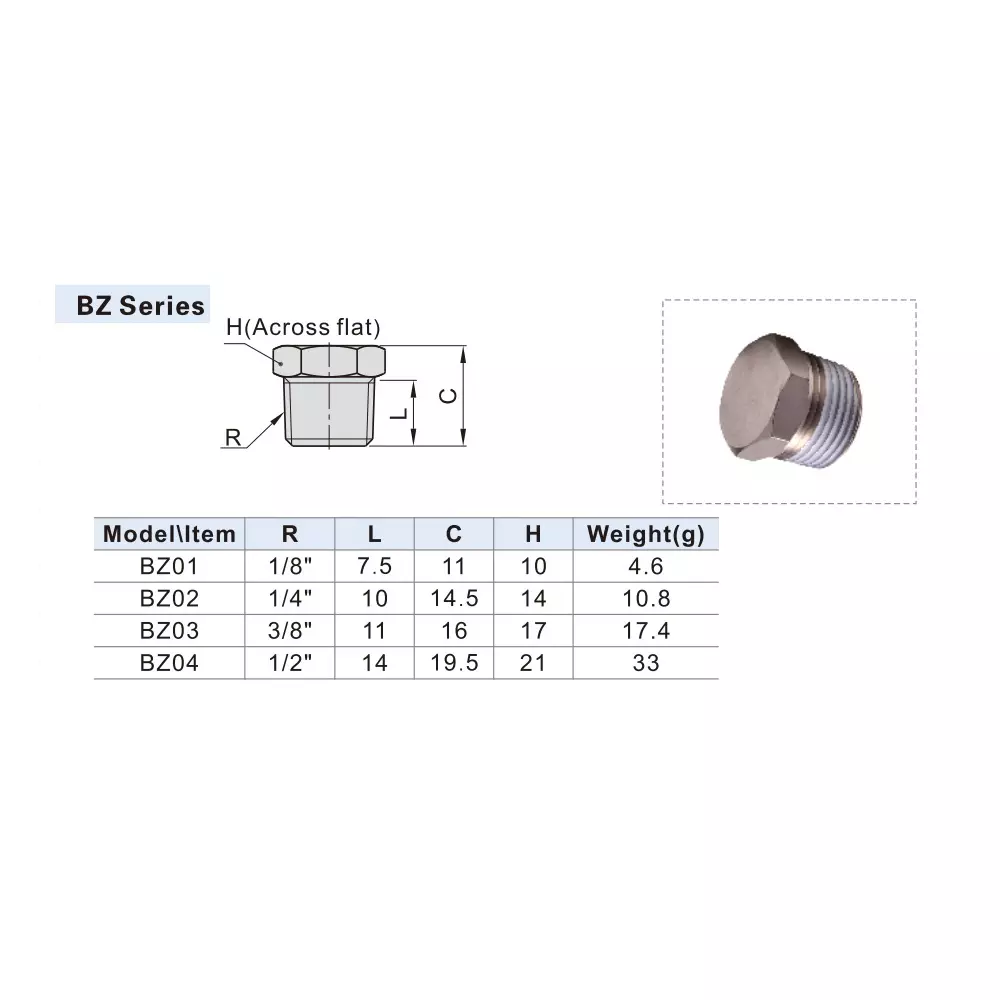Airtac BZ Series Hexagon Head Cap Plug 1/8 inch (3.175 mm) Dia. BZ 01
