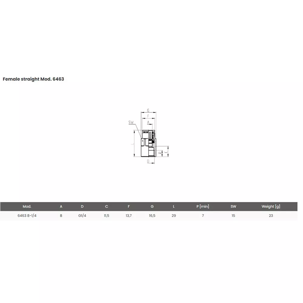 Camozzi G1/4 inch (6.35 mm) Metric-BSP female connector, 6463 8-1/4