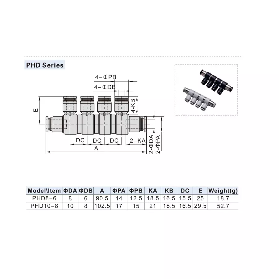 Airtac PHD Series Universal Reducer Four Branch Union 8 mmx 6 mm, PHD 8-6 D