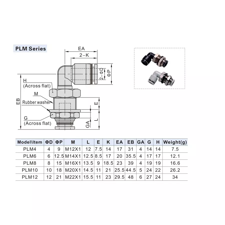 Airtac PLM Series Bulkhead Male Elbow 8 mm Dia. PLM 8 D
