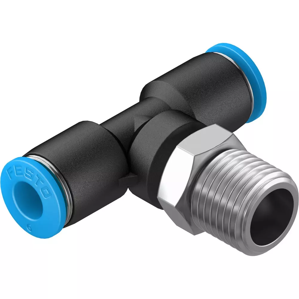 FESTO Push-in T-Fitting PBT Housing Material 4.3 mm Nominal Size, QST-1/4-6-100 (Pack of 10)