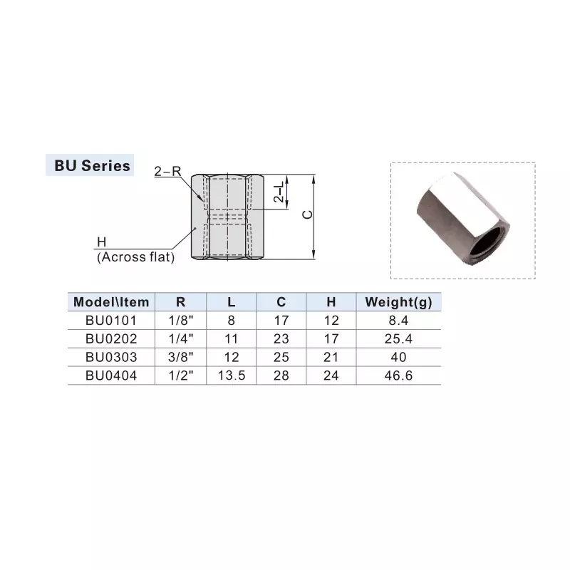 Airtac BU Series Double Female Connector 1/8 inch (3.175 mm) Dia. BU 0101
