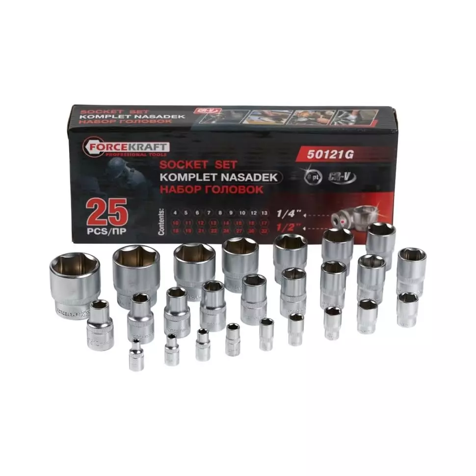 FORCEKRAFT 25 Pcs Socket Kit Silver Chrome Vanadium Steel Chrome Finish for Industrial Use