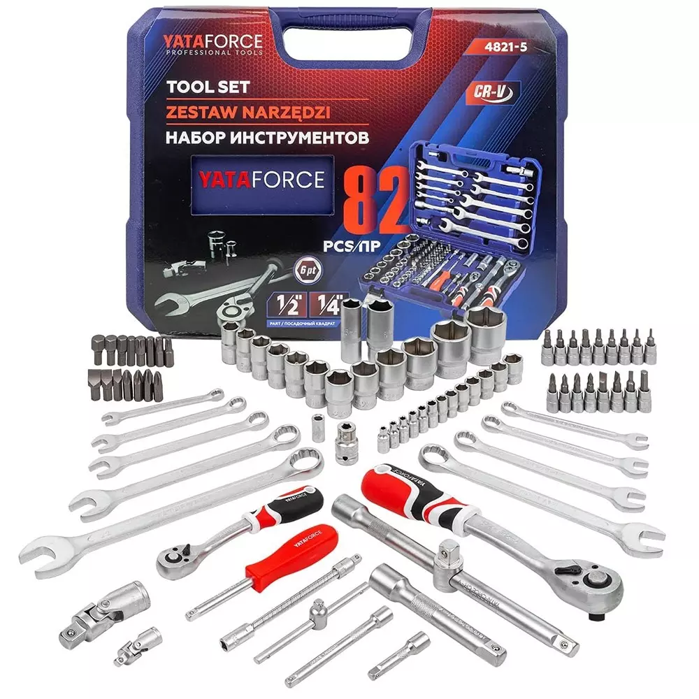 Yataforce 82 Pcs Socket Kit with Ratchet Wrenches Chrome Vanadium Steel 1/2 & 1/4 Inch (12.7 & 6.35 mm) Size Silver for Home, Garage & Auto Repairs Use