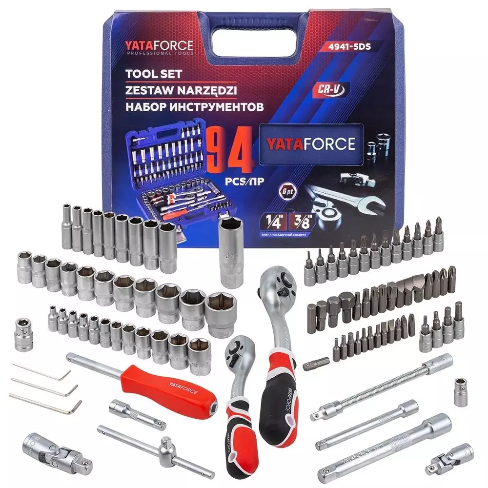 Yataforce 94 Pcs Socket Kit with Ratchet Wrenches Chrome Vanadium Steel 1/4 & 3/8 Inch (6.35 & 9.52 mm) Size Silver for Home, Garage & Auto Repairs Use