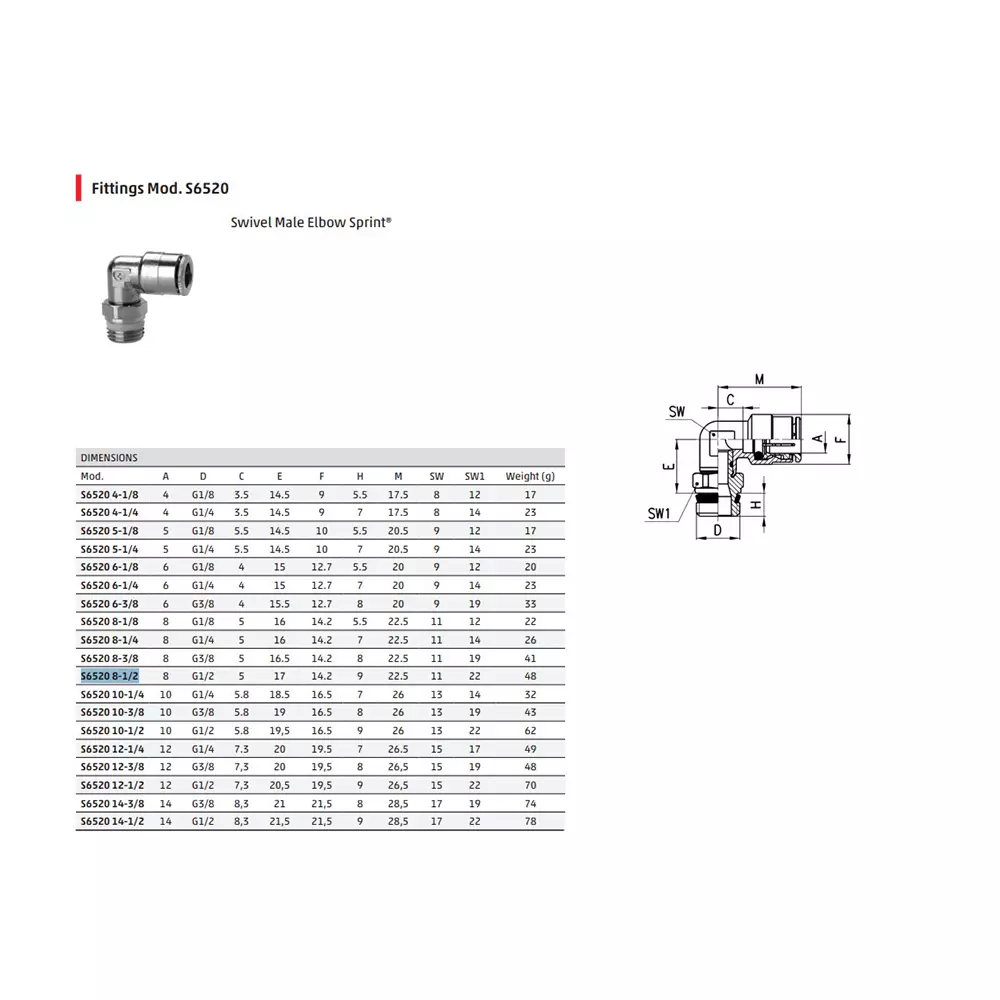 Camozzi G1/8 inch (3.175 mm) Swivel Male Elbow Sprint Steel, S6520-8-1/2