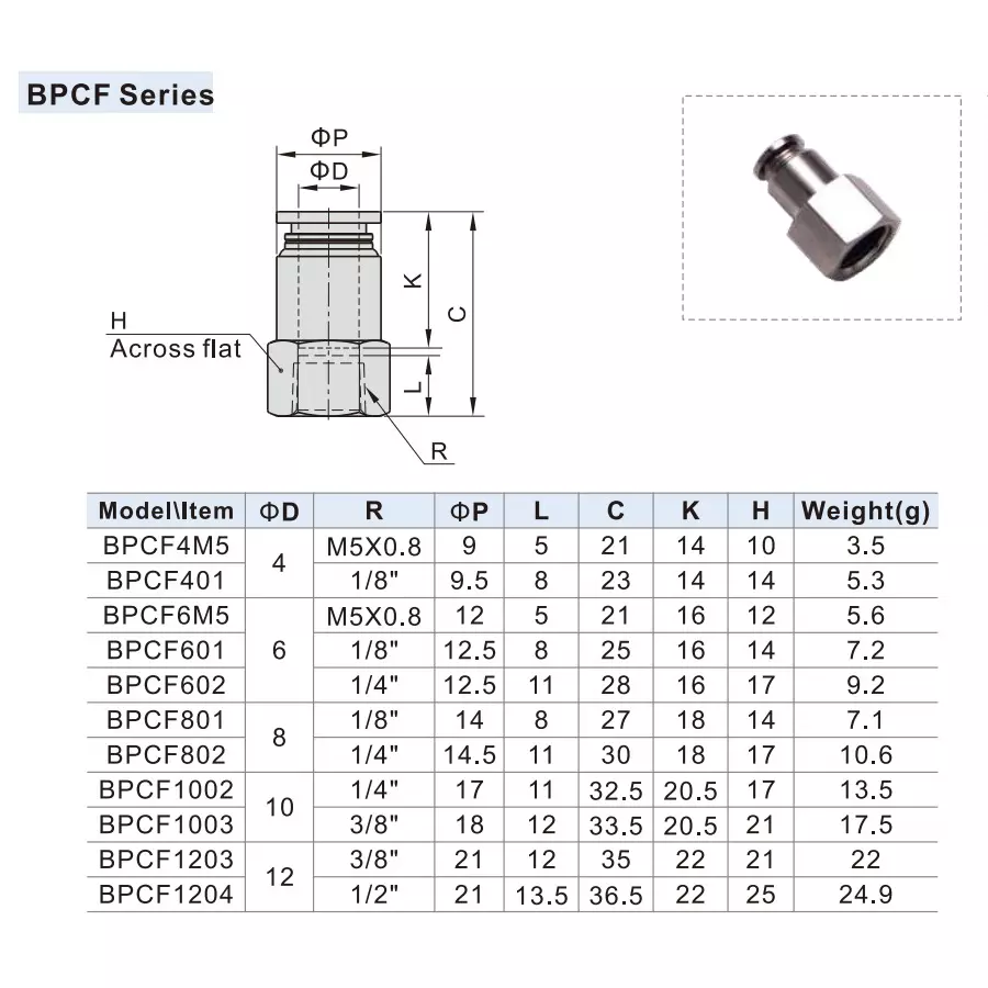 Airtac BPCF Series Metal Female Connector 6 mm x 1/4 inch, BPCF 602
