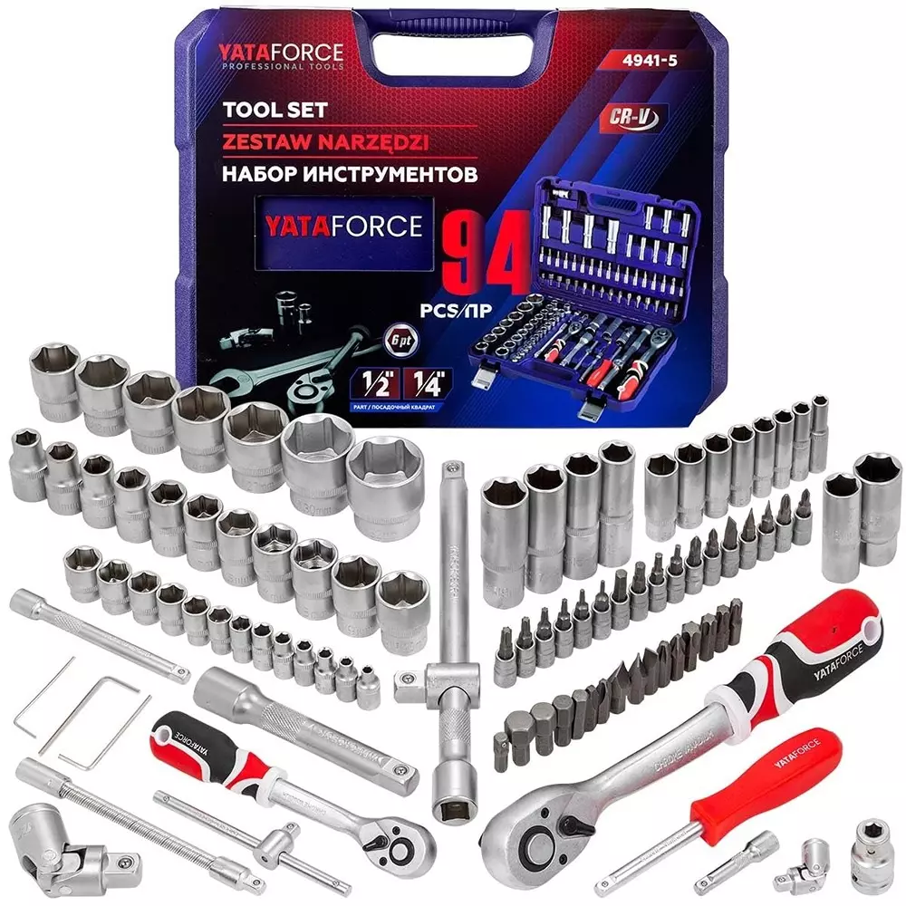 Yataforce 94 Pcs Socket Kit with Ratchet Wrenches Chrome Vanadium Steel 1/4 & 1/2 Inch (6.35 & 12.7 mm) Size Silver for Home, Garage & Auto Repairs Use