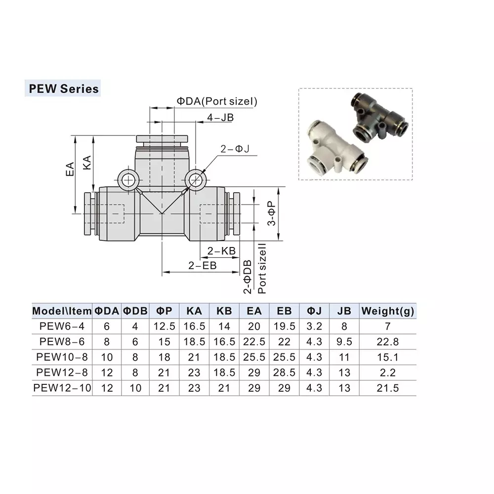 Airtac PEW Series Different Tee 12x8x8 mm, PEW 12-8 D