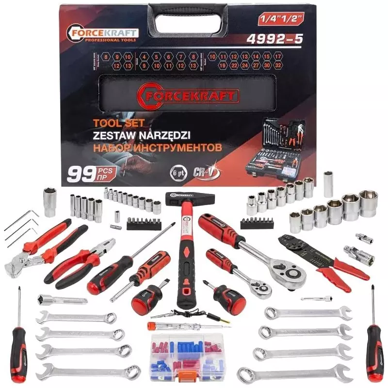 FORCEKRAFT 99 Pcs Socket Tool Kit with Carry Case Red & Silver Chrome Molybdenum Steel Chrome Finish for Industrial Use