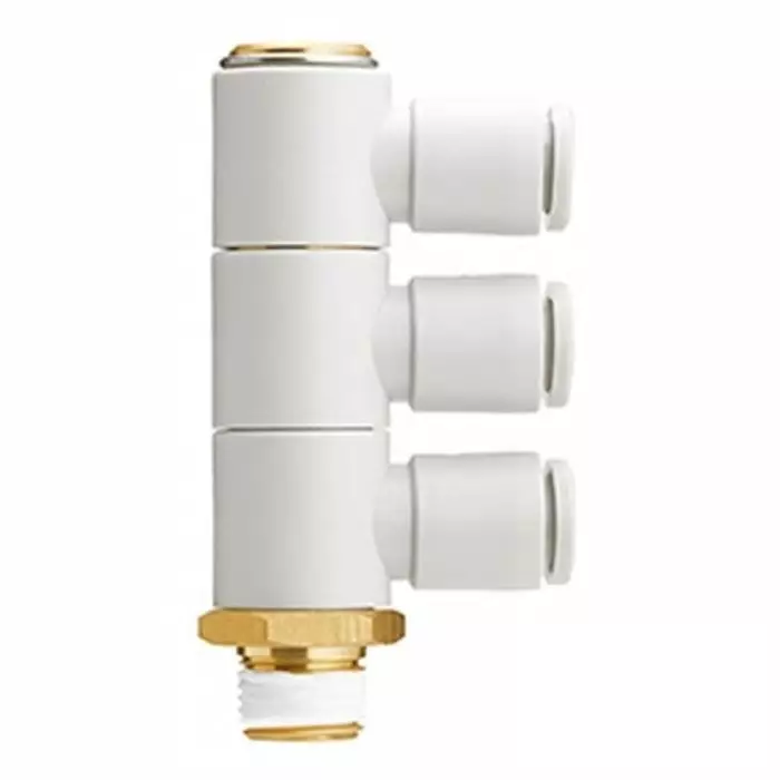 SMC KQ2 Series Triple Branch Universal Male Elbow, 10 mm to R 1/4 Male, Threaded-to-Tube Connection Style, KQ2VT10-02AS