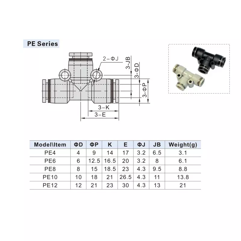 Airtac PE Series Union TEE For 6 mm, PE 6 D