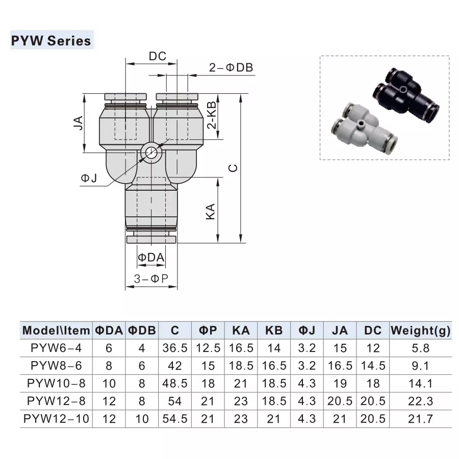Airtac PYW Series Different Diameter Union Y 8 mm Outer Dia. 6 mm inner Dia. PYW 8-6 D