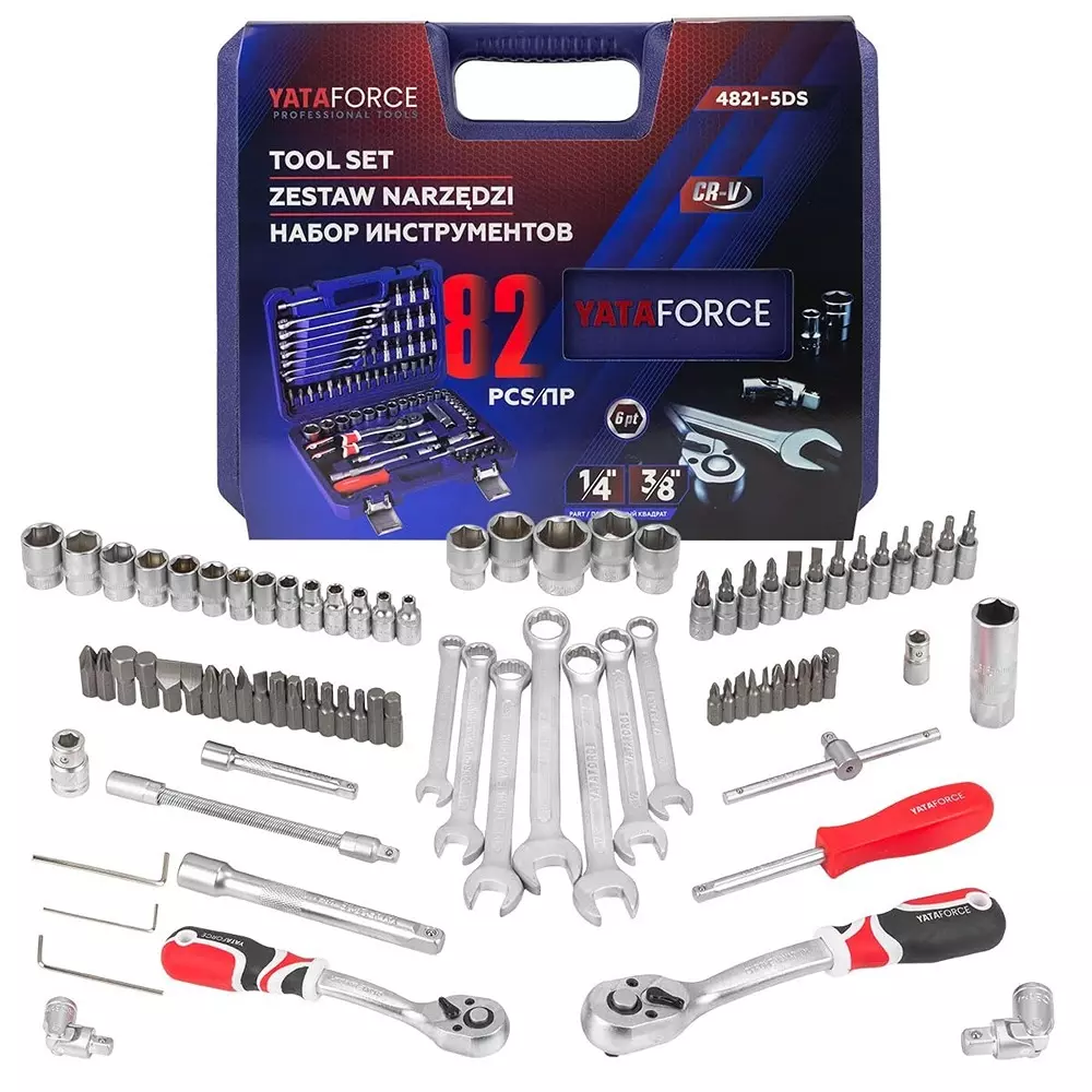 Yataforce 82 Pcs Socket Kit with Ratchet Wrenches Chrome Vanadium Steel 1/4 & 3/8 Inch (6.35 & 9.52 mm) Size Silver for Home, Garage & Auto Repairs Use