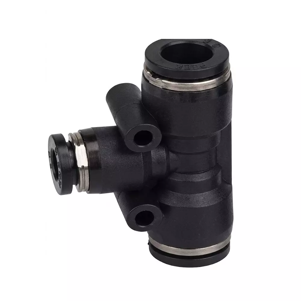 RTQD PUT Series PU Tee Connector Black Cap Heavy Fitting T Shape for Connecting PU Tubes, Size 6 mm