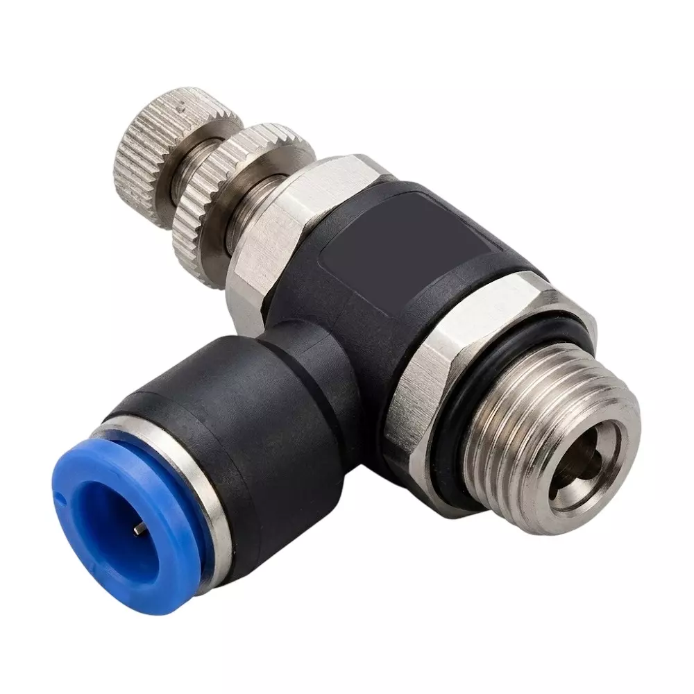 RTQD NSE Series Male Elbow Throttle Valve Blue Cap G Thread Fitting 6 mm Outer Diameter and 1/8 inch (3.17 mm) Thread Size, 6-01 (1/8)
