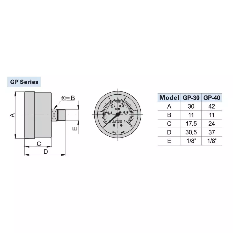airtac-pressure-gauge-with-ss-shell-18-inch-317-mm-port-size-and-0-10-mpa-0-140-psi-standard-pressure-range-gp-40