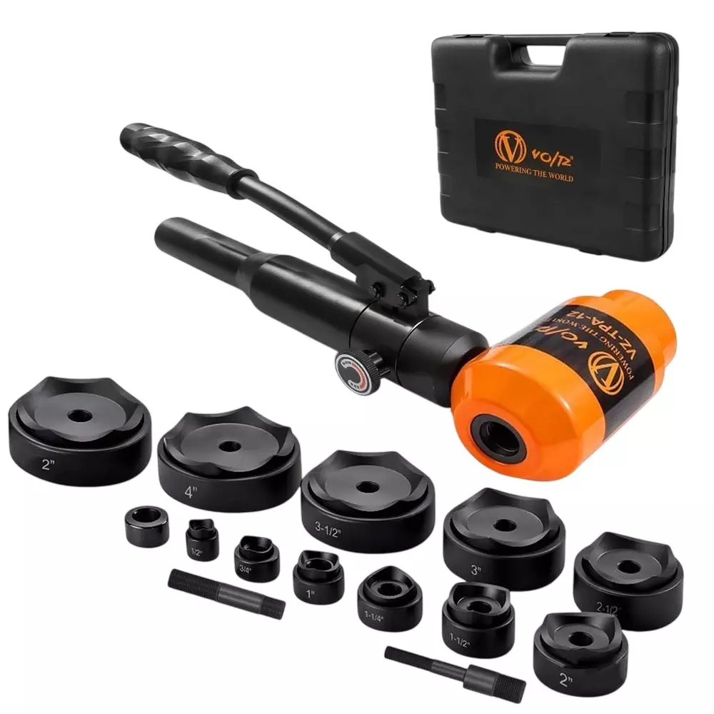 Voltz Hydraulic Knockout Hole Punch Driver Kit with 11 Dies Size 1/2 to 4 inch, 180 ml Oil Capacity and 25 mm Stroke, TPA-12