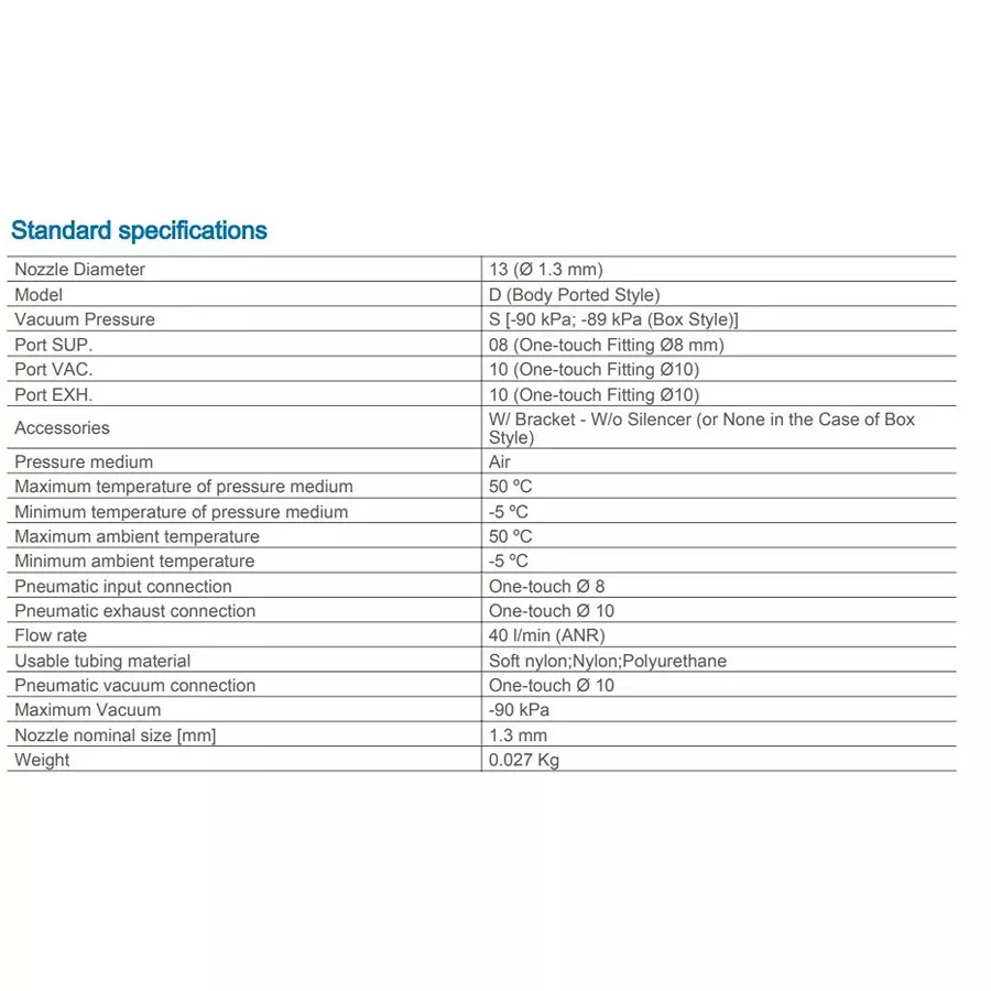 SMC Φ1.3 mm Nozzle 40 L/min Suction Flow Polybutylene Terephthalate Vacuum Ejector, ZH13DSA-08-10-10