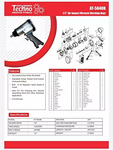 Techno AT 5040 B 12.7 mm (1/2 Inch) 7000 RPM Air Impact Wrench