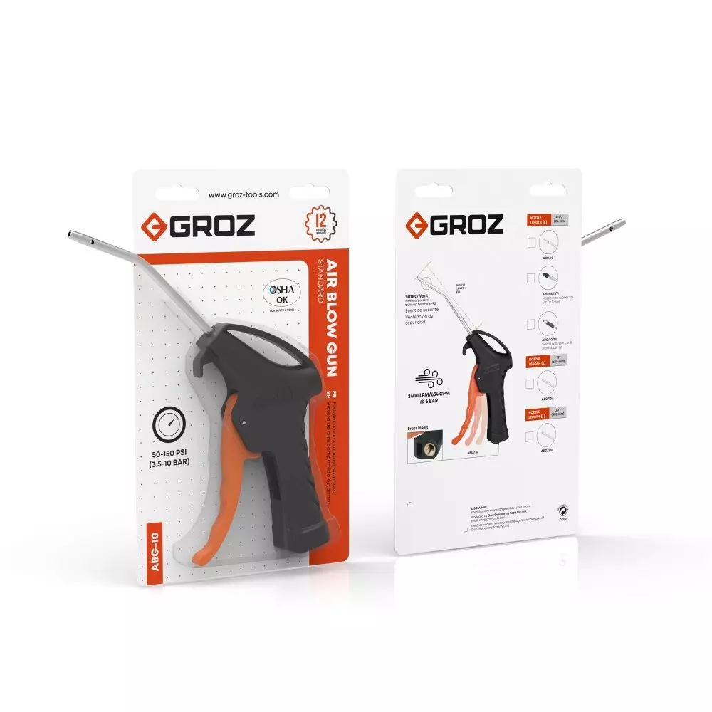 Groz Professional Air Blow Gun, 50-150 PSI Pressure and 4-1/2 inch (114.3 mm) Steel Tip, ABG/10/1-4F/BSP