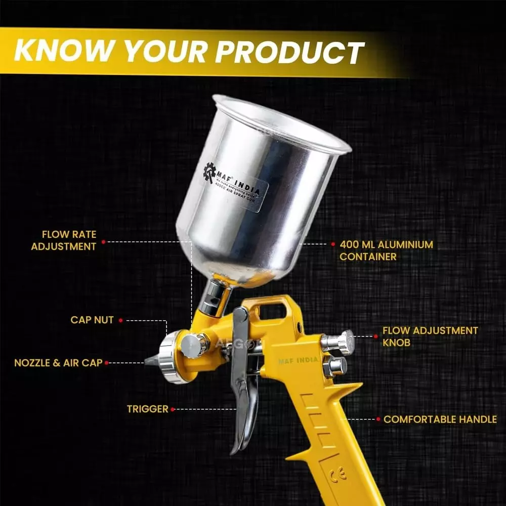 MAF PRO Air Spray Gun Stainless Steel 400 cc Capacity 1.5 mm Nozzle Size Silver & Yellow for Industrial Use, Asg-4004
