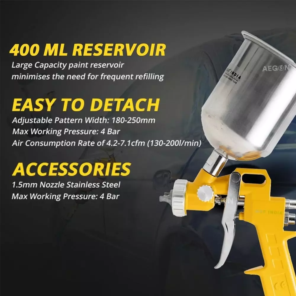 MAF PRO Air Spray Gun Stainless Steel 400 cc Capacity 1.5 mm Nozzle Size Silver & Yellow for Industrial Use, Asg-4004