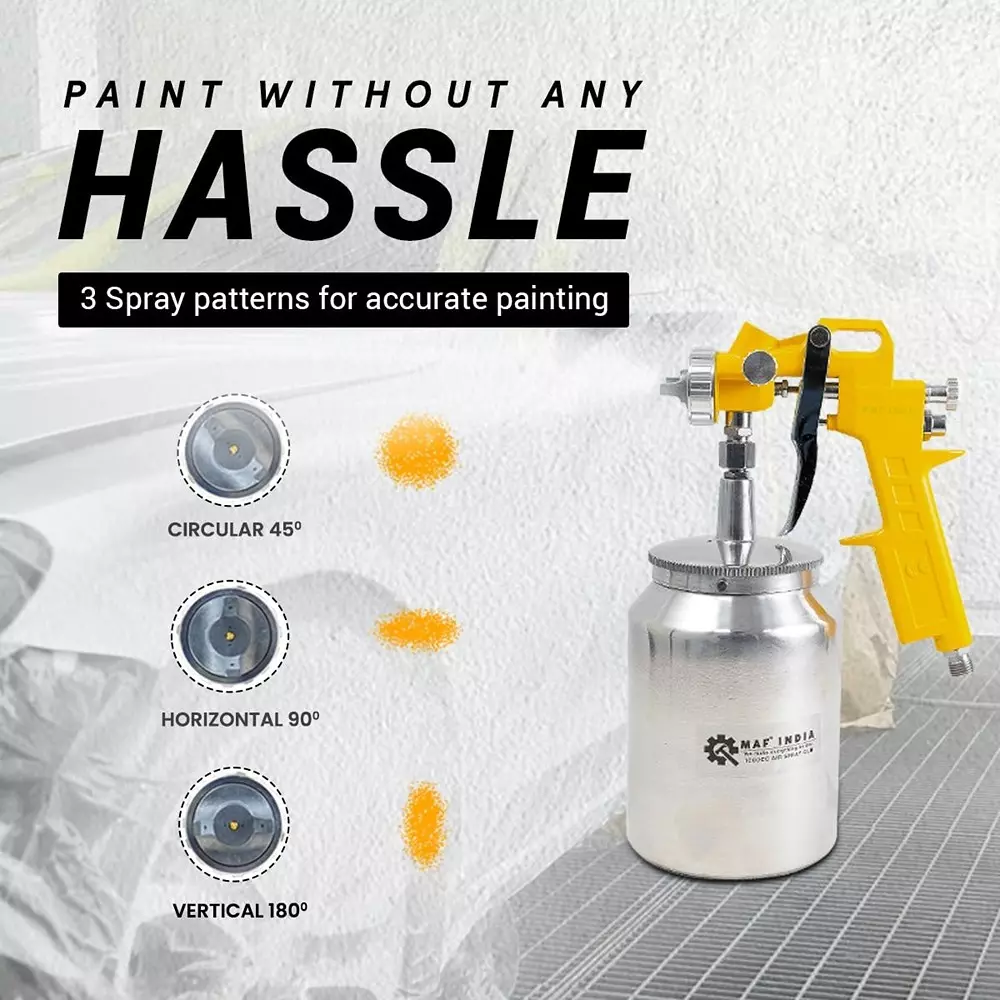 MAF PRO Air Spray Gun Stainless Steel 1000 cc Capacity 1.5 mm Nozzle Size Silver & Yellow for Industrial Use, Asg-1001