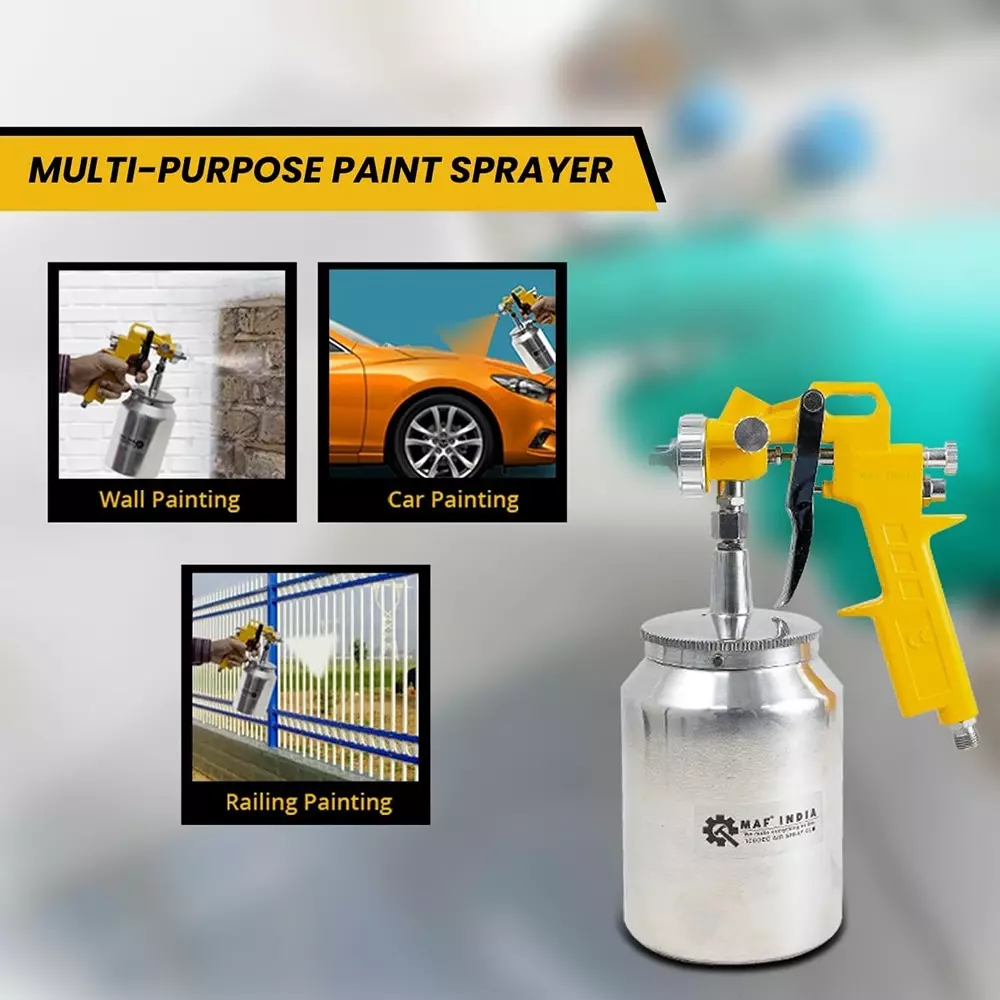 MAF PRO Air Spray Gun Stainless Steel 1000 cc Capacity 1.5 mm Nozzle Size Silver & Yellow for Industrial Use, Asg-1001
