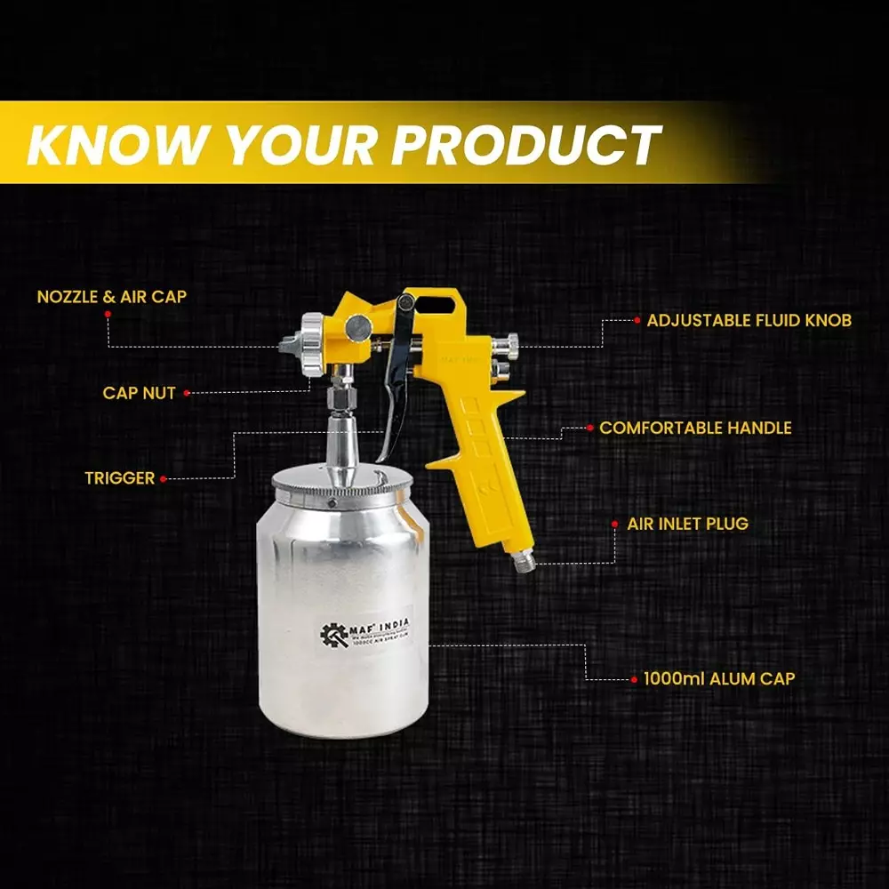 MAF PRO Air Spray Gun Stainless Steel 1000 cc Capacity 1.5 mm Nozzle Size Silver & Yellow for Industrial Use, Asg-1001