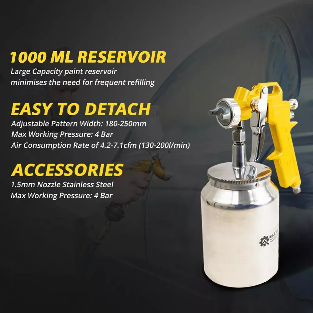 MAF PRO Air Spray Gun Stainless Steel 1000 cc Capacity 1.5 mm Nozzle Size Silver & Yellow for Industrial Use, Asg-1001