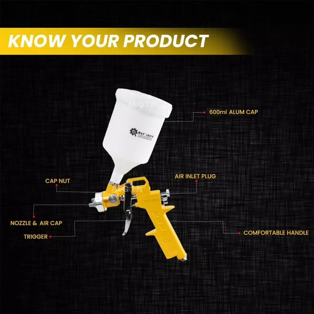 MAF PRO Air Spray Gun Plastic & Steel 600 cc Capacity 1.5 mm Nozzle Size White & Yellow for Industrial Use, Asg-6006
