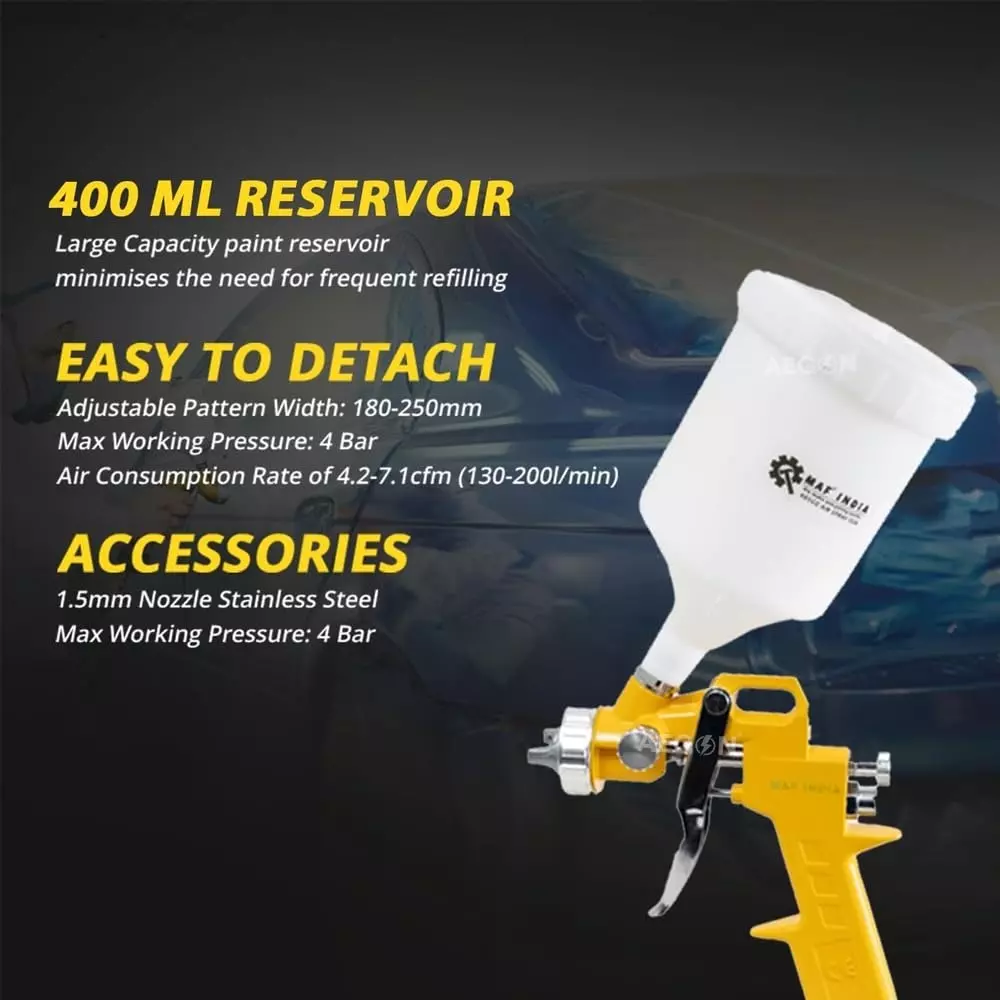 MAF PRO Air Spray Gun Plastic & Steel 600 cc Capacity 1.5 mm Nozzle Size White & Yellow for Industrial Use, Asg-6006