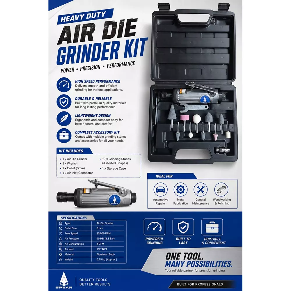spear-air-die-grinder-6-mm-collet-size-25000-rpm-14-inch-635-mm-npt-air-inlet-90-psi-air-pressure-4-cfm-air-consumption-aluminum-body-material