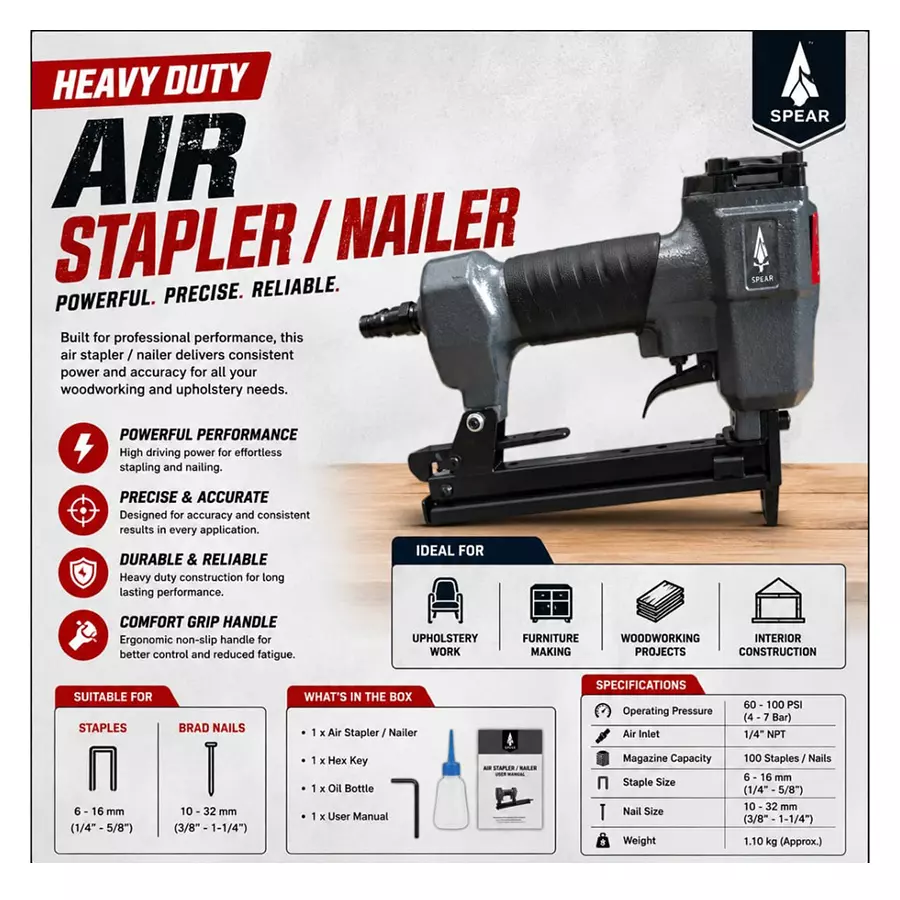 spear-air-stapler-and-nailer-machine-100-staples-nails-magazine-capacity-60--100-psi-operating-pressure-14-inch-635-mm-npt-air-inlet
