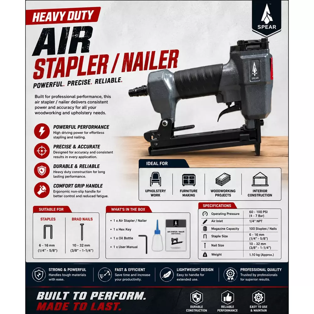 spear-air-stapler-and-nailer-machine-100-staples-nails-magazine-capacity-60--100-psi-operating-pressure-14-inch-635-mm-npt-air-inlet