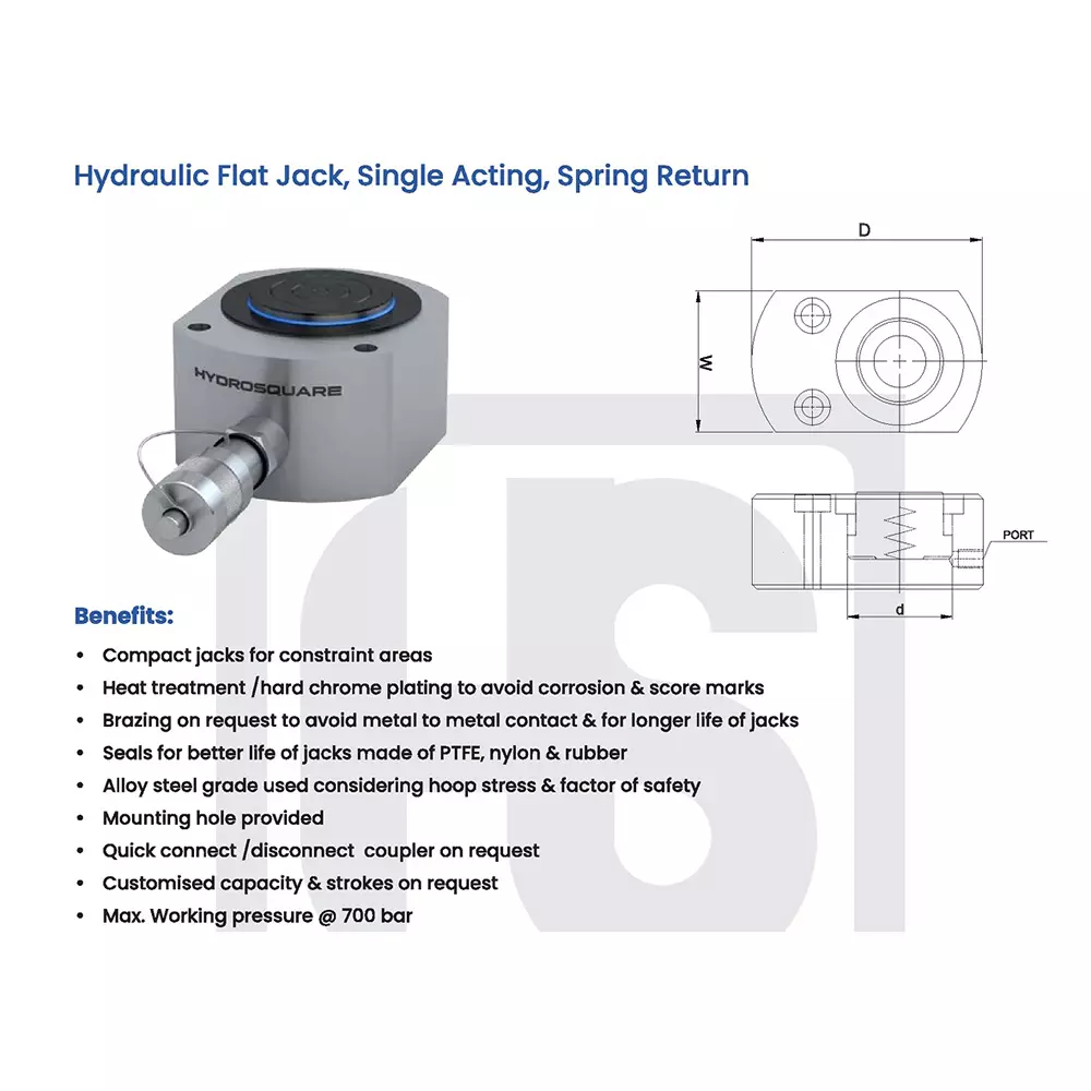 Hydro Square HFS Series 50000 Kg (50 Ton) Flat Hydraulic Jack 16 mm Stroke, HFS-50/16